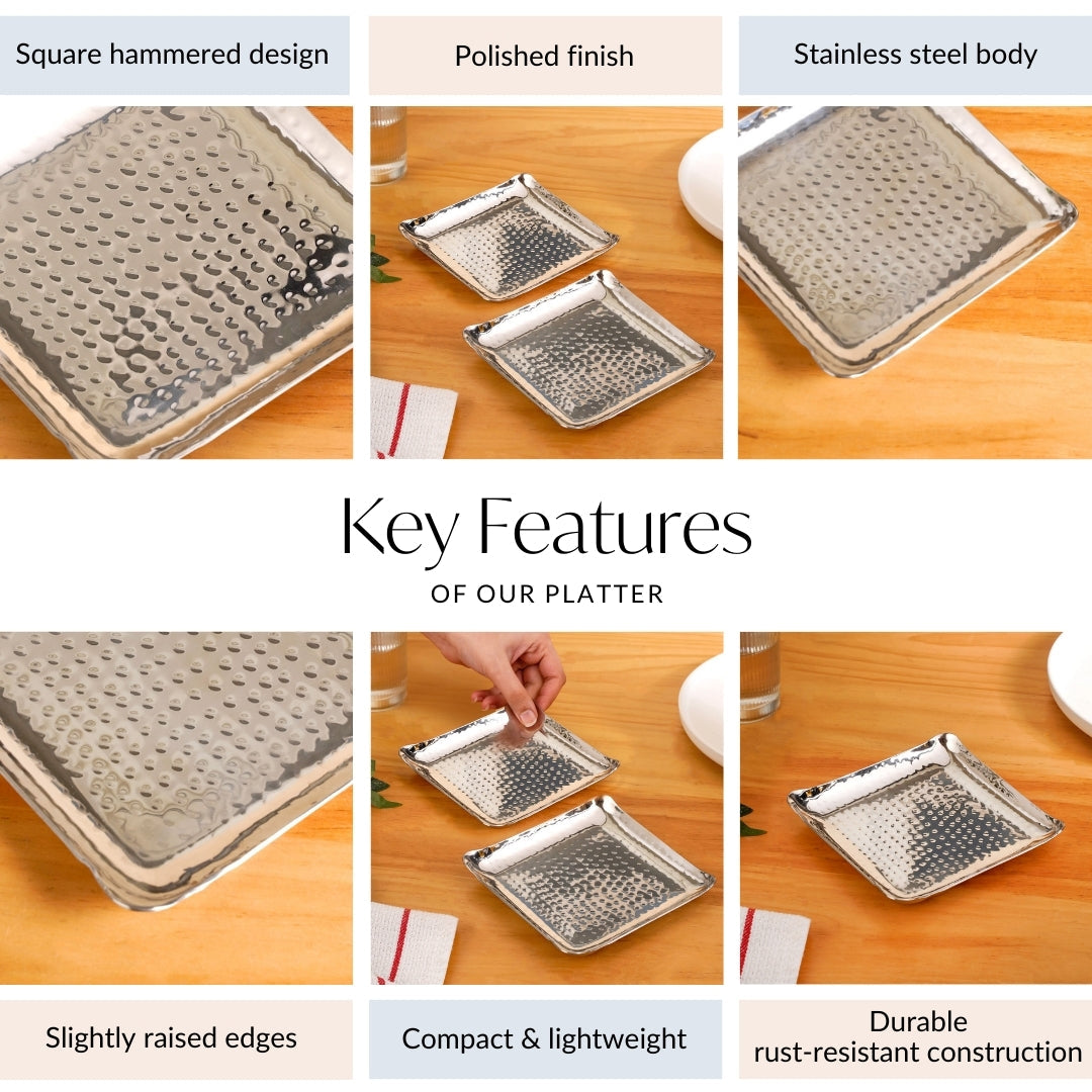 Square Platter Hammered Stainless Steel Set Of 2 Nestasia