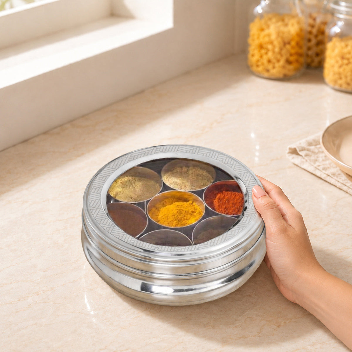 Engraved Stainless Steel Spice Box 7 Section Nestasia