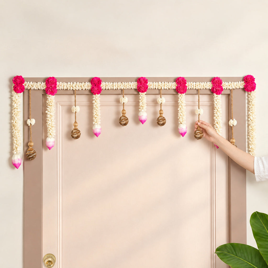EcoCharm Handmade Pink Shola Bloom Front Door Jute Bandarwal 113x39cm Nestasia