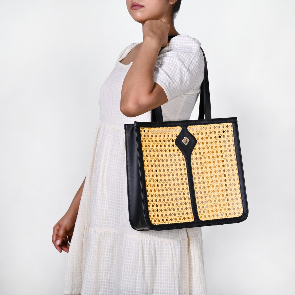 Classic Black Rattan Cane Webbing Tote Bag Nestasia