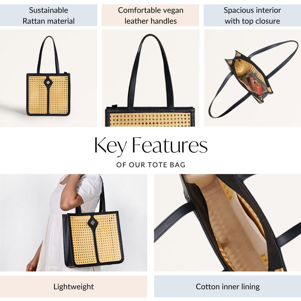 Classic Black Rattan Cane Webbing Tote Bag Nestasia