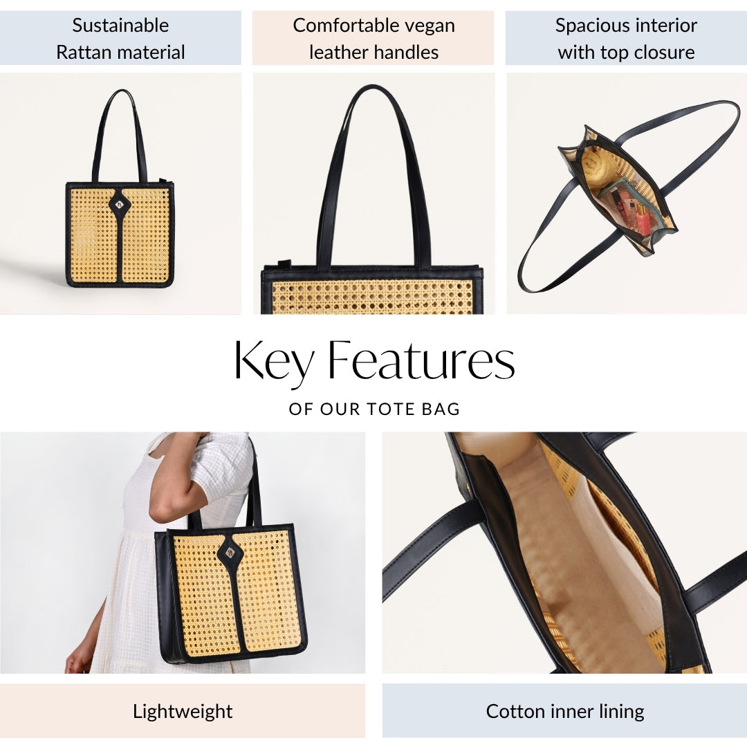 Classic Black Rattan Cane Webbing Tote Bag Nestasia