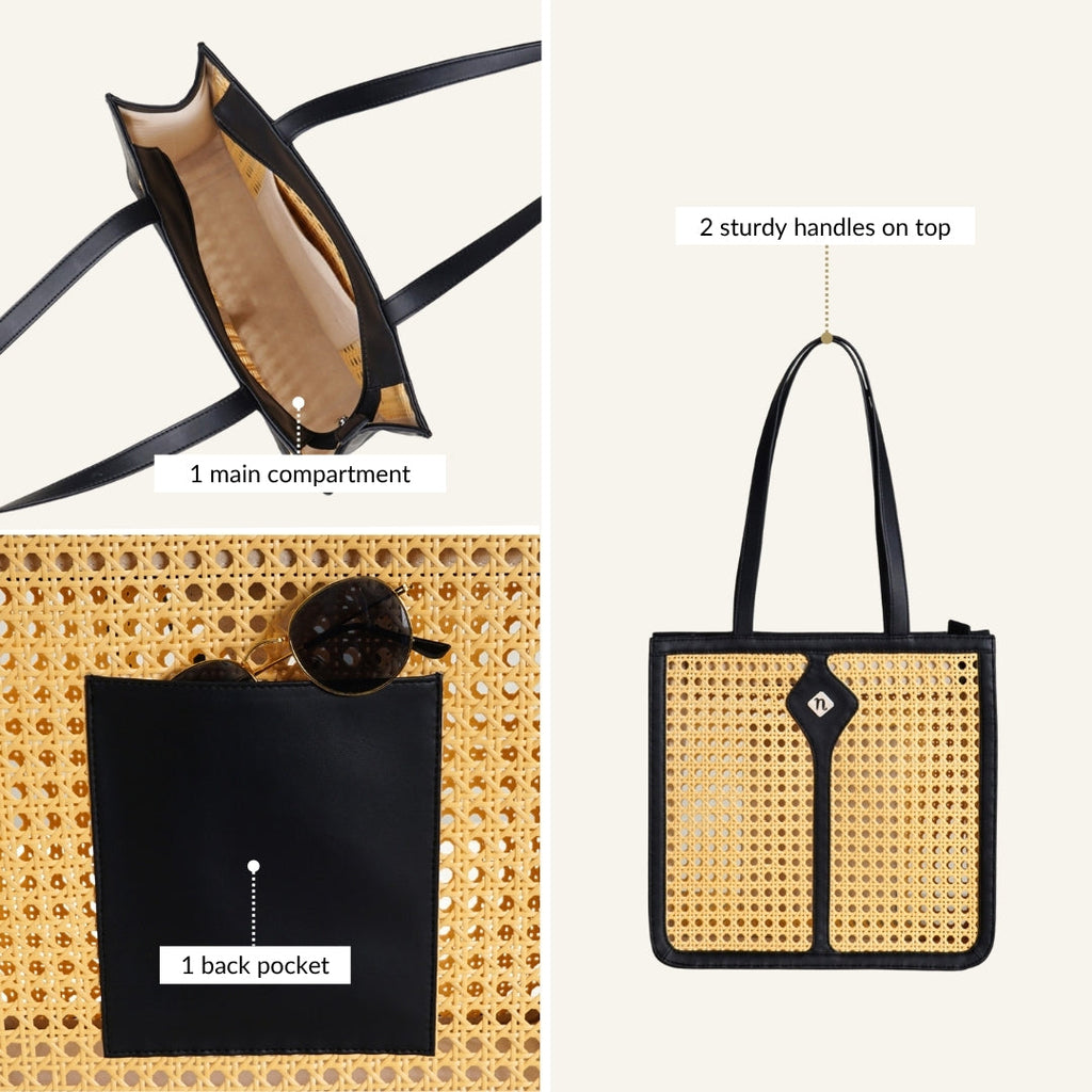 Classic Black Rattan Cane Webbing Tote Bag Nestasia