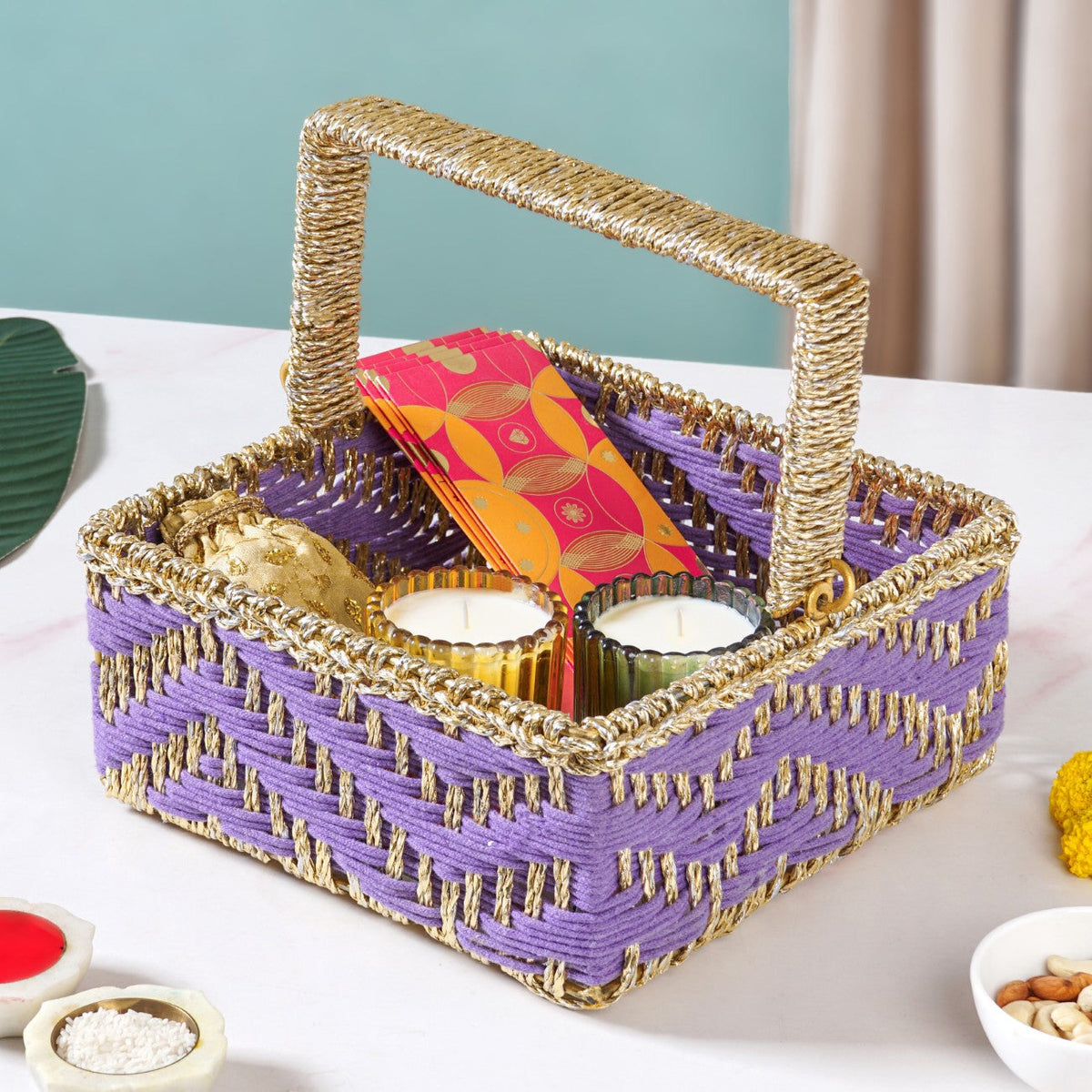 Handwoven Gift Basket With Movable Handle Lavender Nestasia