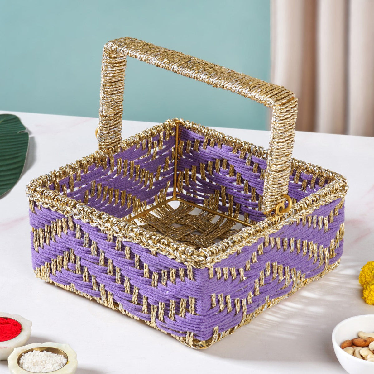 Handwoven Gift Basket With Movable Handle Lavender Nestasia
