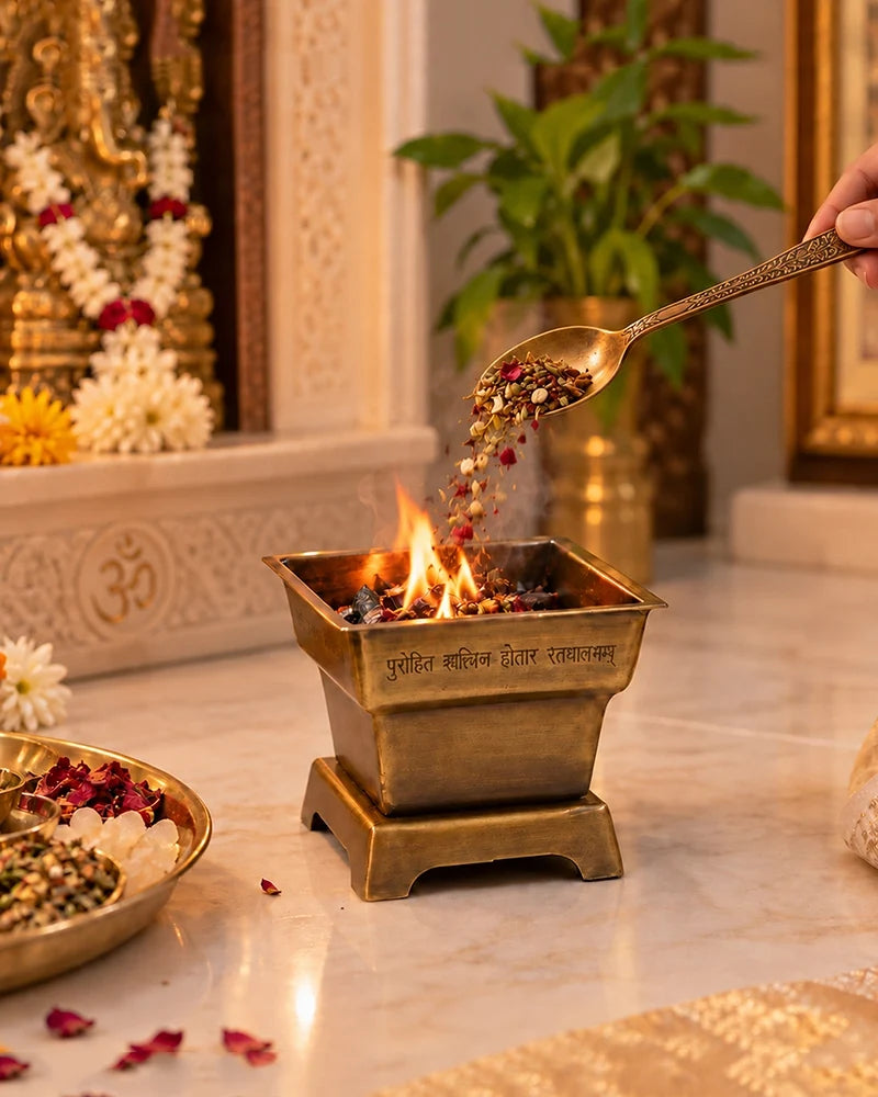 100% Pure Brass Hawan Kund with Spoon for Pooja Hawan and Home Mandir