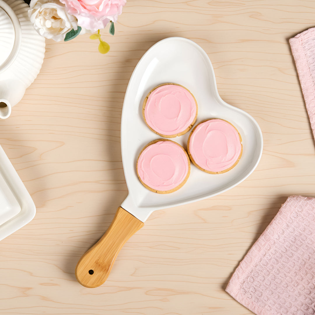 Heart Ceramic Serving Platter With Wooden Handle Nestasia