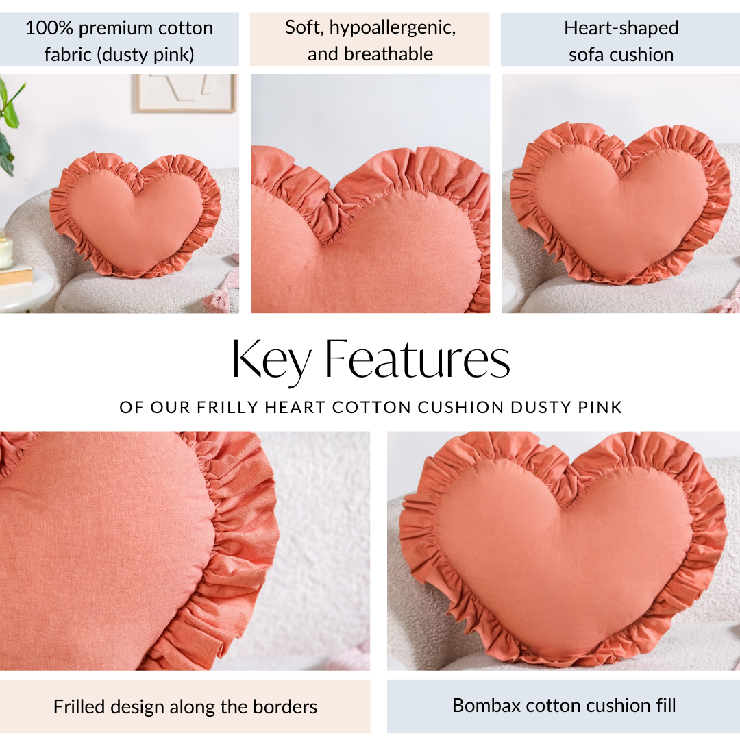 Frilly Heart Cotton Cushion Dusty Pink 43x38cm Nestasia