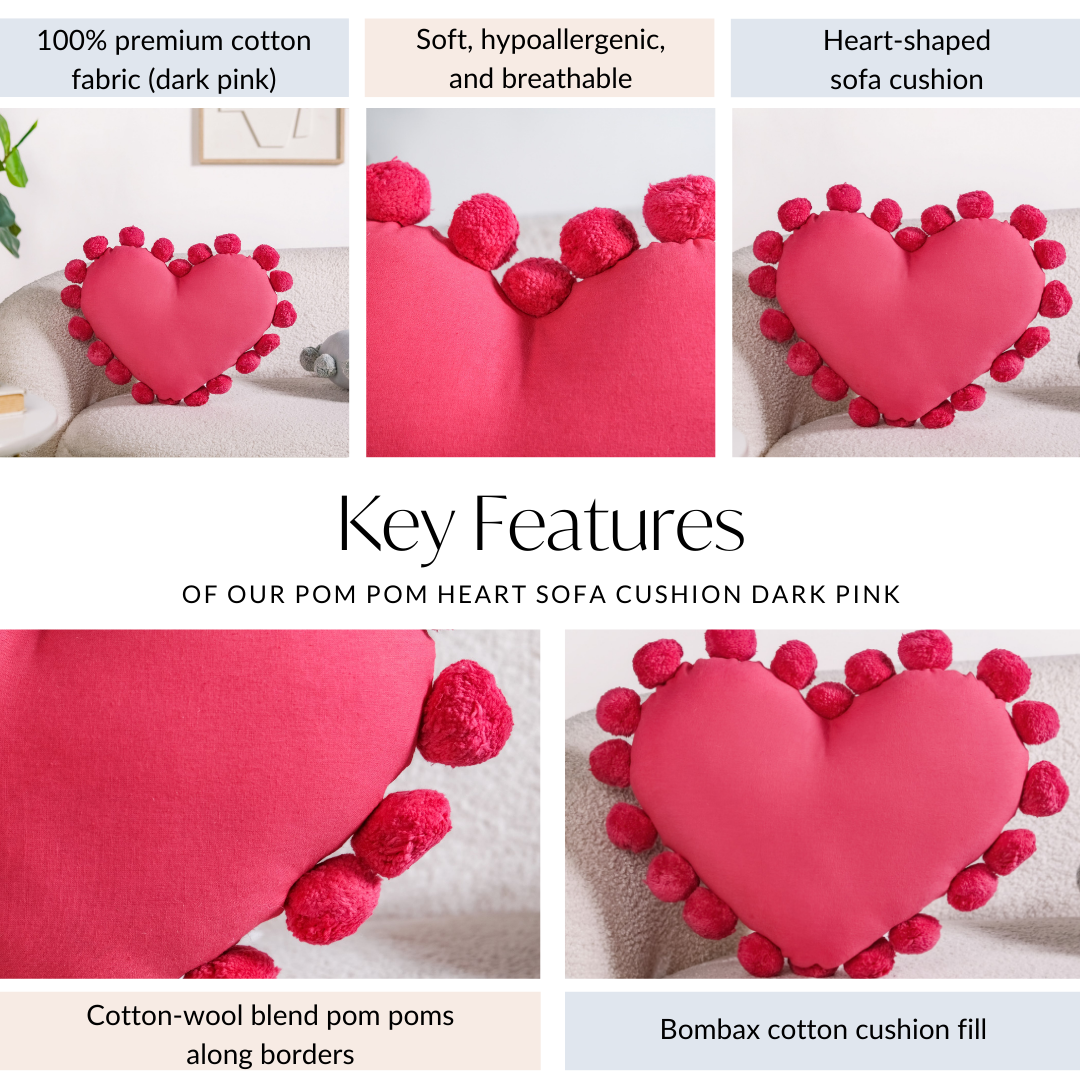 Pom Pom Heart Sofa Cushion Dark Pink 40x35cm Nestasia