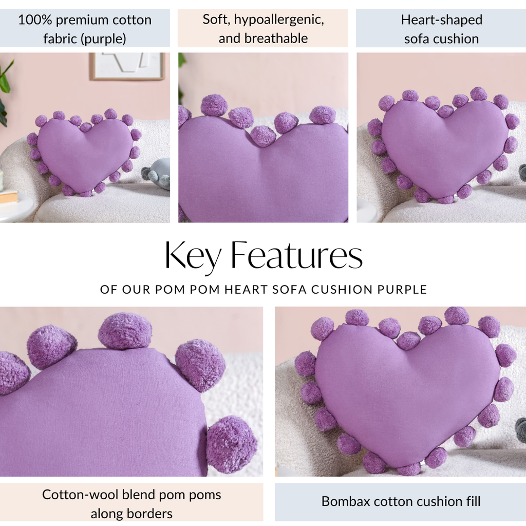 Pom Pom Heart Sofa Cushion Purple 40x35cm Nestasia