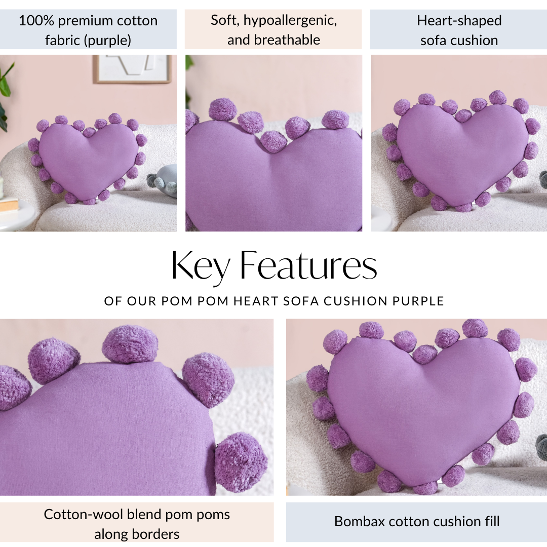 Pom Pom Heart Sofa Cushion Purple 40x35cm Nestasia