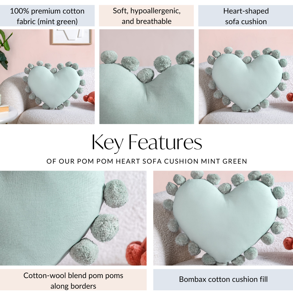 Pom Pom Heart Sofa Cushion Mint Green 40x35cm Nestasia