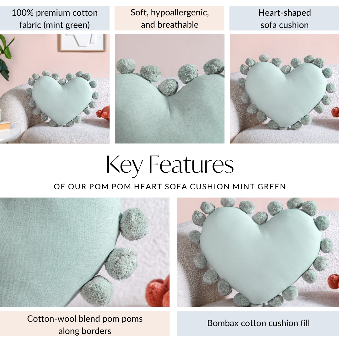 Pom Pom Heart Sofa Cushion Mint Green 40x35cm Nestasia