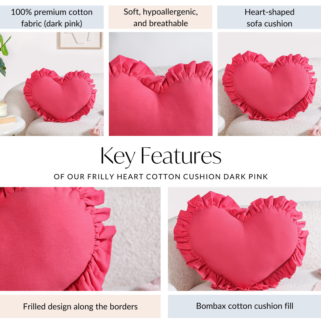 Frilly Heart Cotton Cushion Dark Pink 43x38cm Nestasia