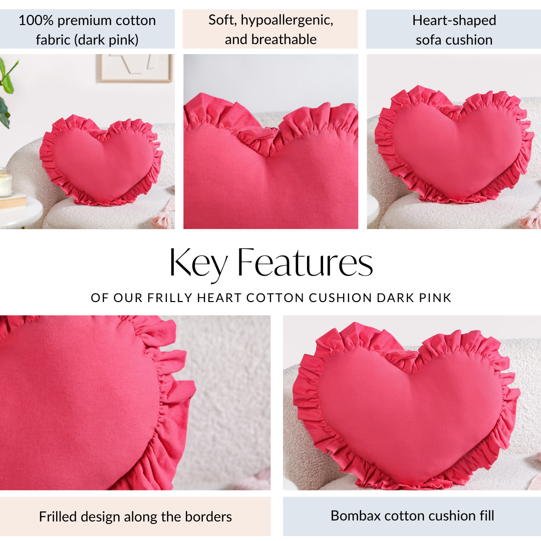 Frilly Heart Cotton Cushion Dark Pink 43x38cm Nestasia