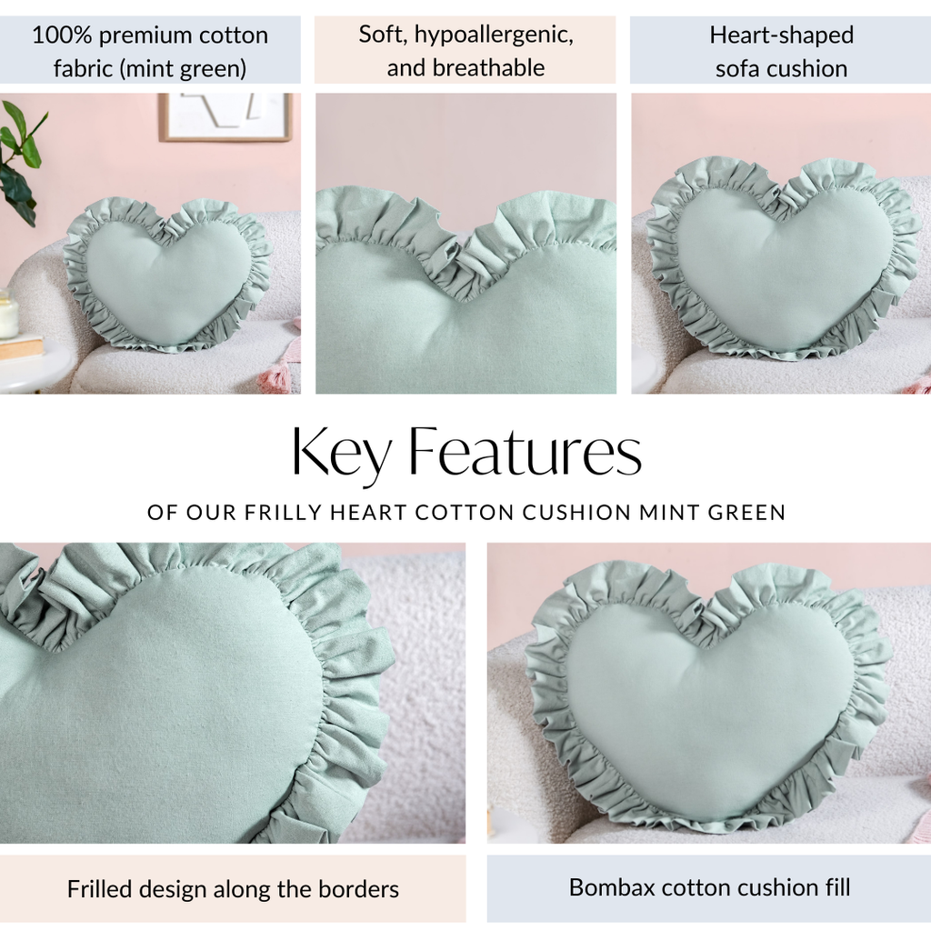 Frilly Heart Cotton Cushion Mint Green 43x38cm Nestasia