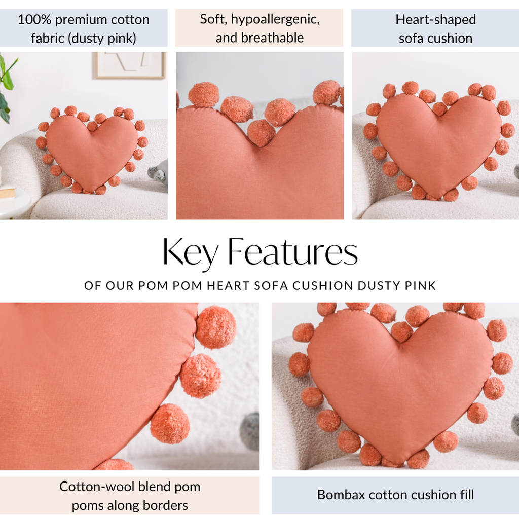 Pom Pom Heart Sofa Cushion Dusty Pink 40x35cm Nestasia