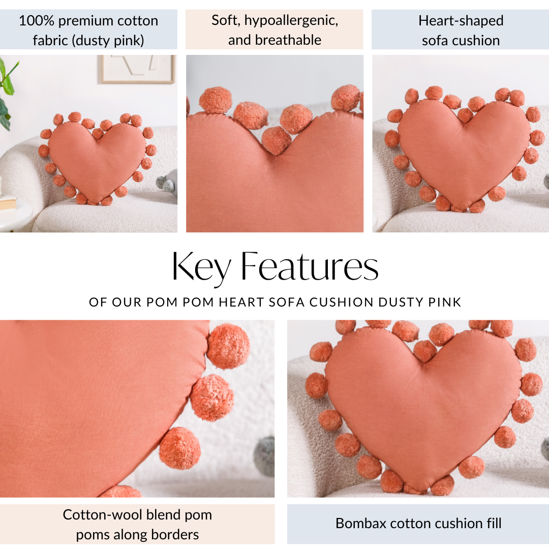 Pom Pom Heart Sofa Cushion Dusty Pink 40x35cm Nestasia