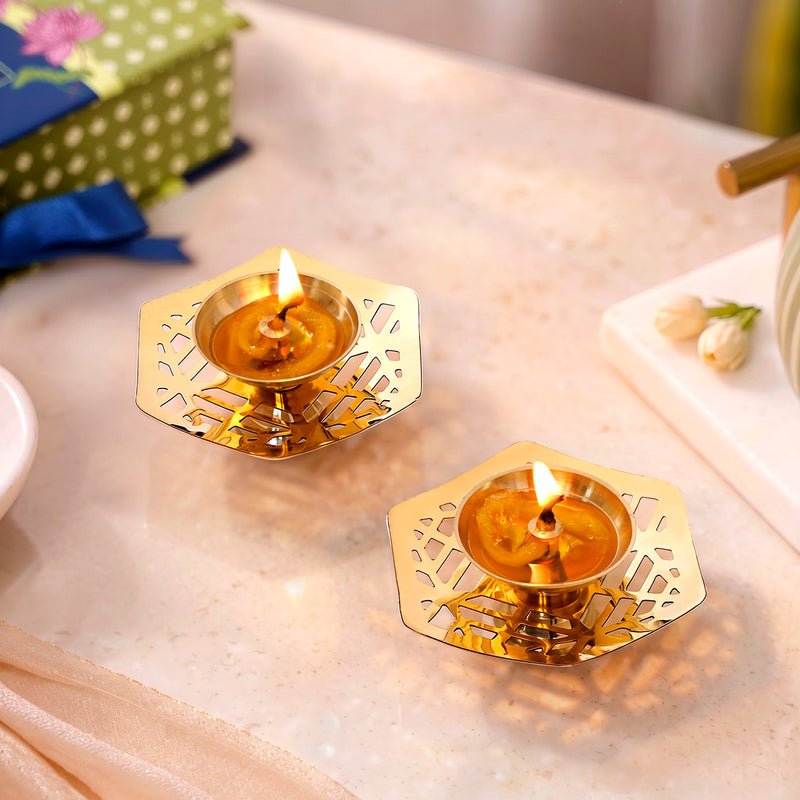 Hexagon Cutwork Pure Brass Puja Diya Set Of 2 In Gift Box Nestasia