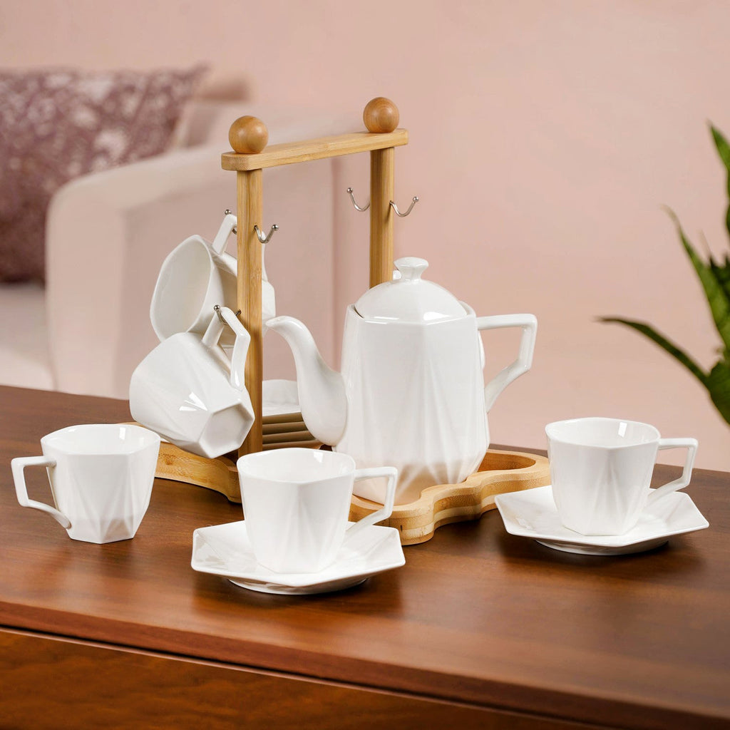 Hexagonal Minimalist White Tea Set With Wooden Stand Nestasia