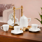 Hexagonal Minimalist White Tea Set With Wooden Stand Nestasia