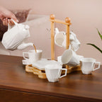Hexagonal Minimalist White Tea Set With Wooden Stand Nestasia