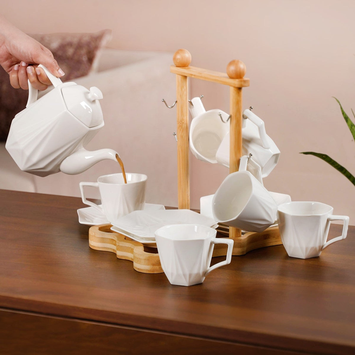Hexagonal Minimalist White Tea Set With Wooden Stand Nestasia