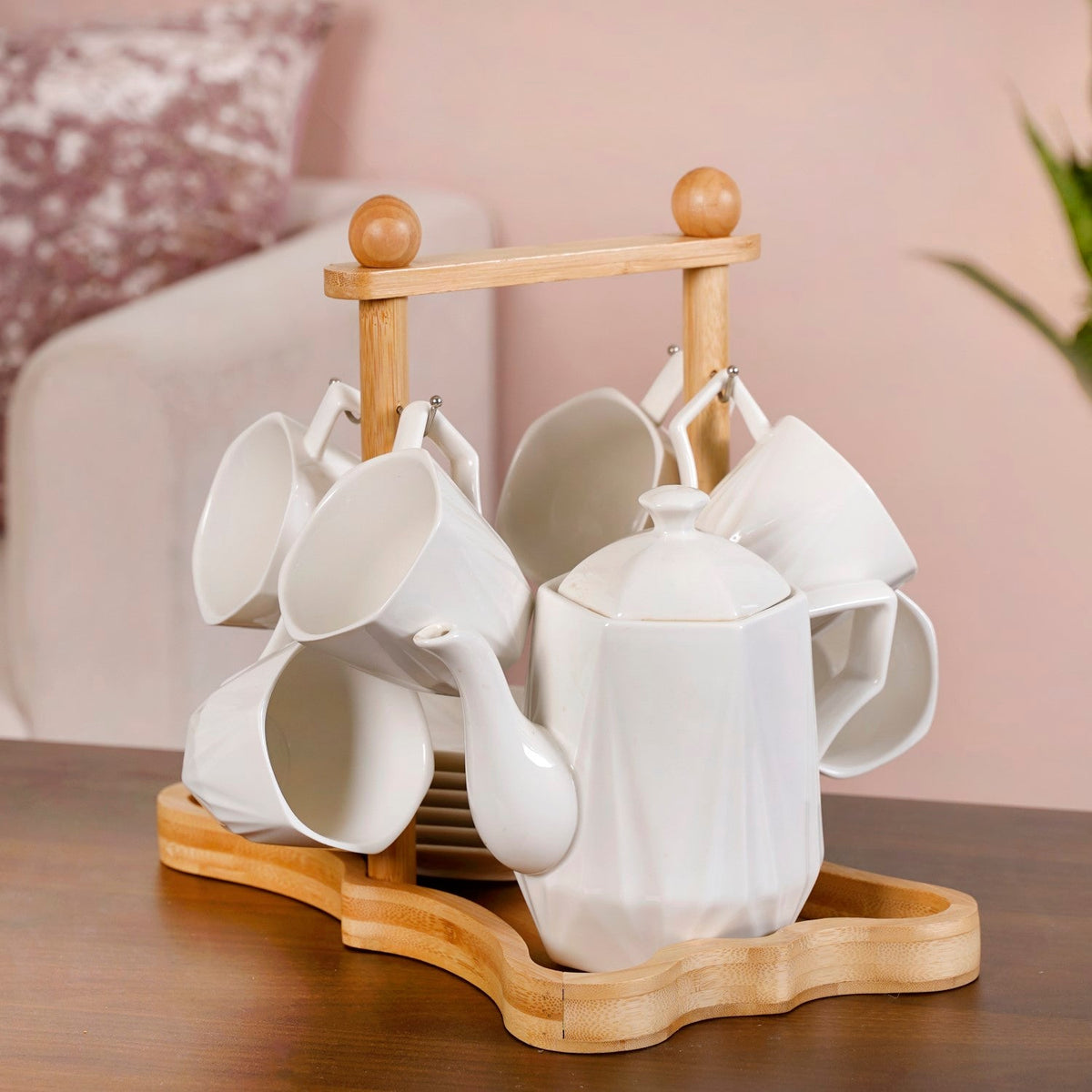 Hexagonal Minimalist White Tea Set With Wooden Stand Nestasia