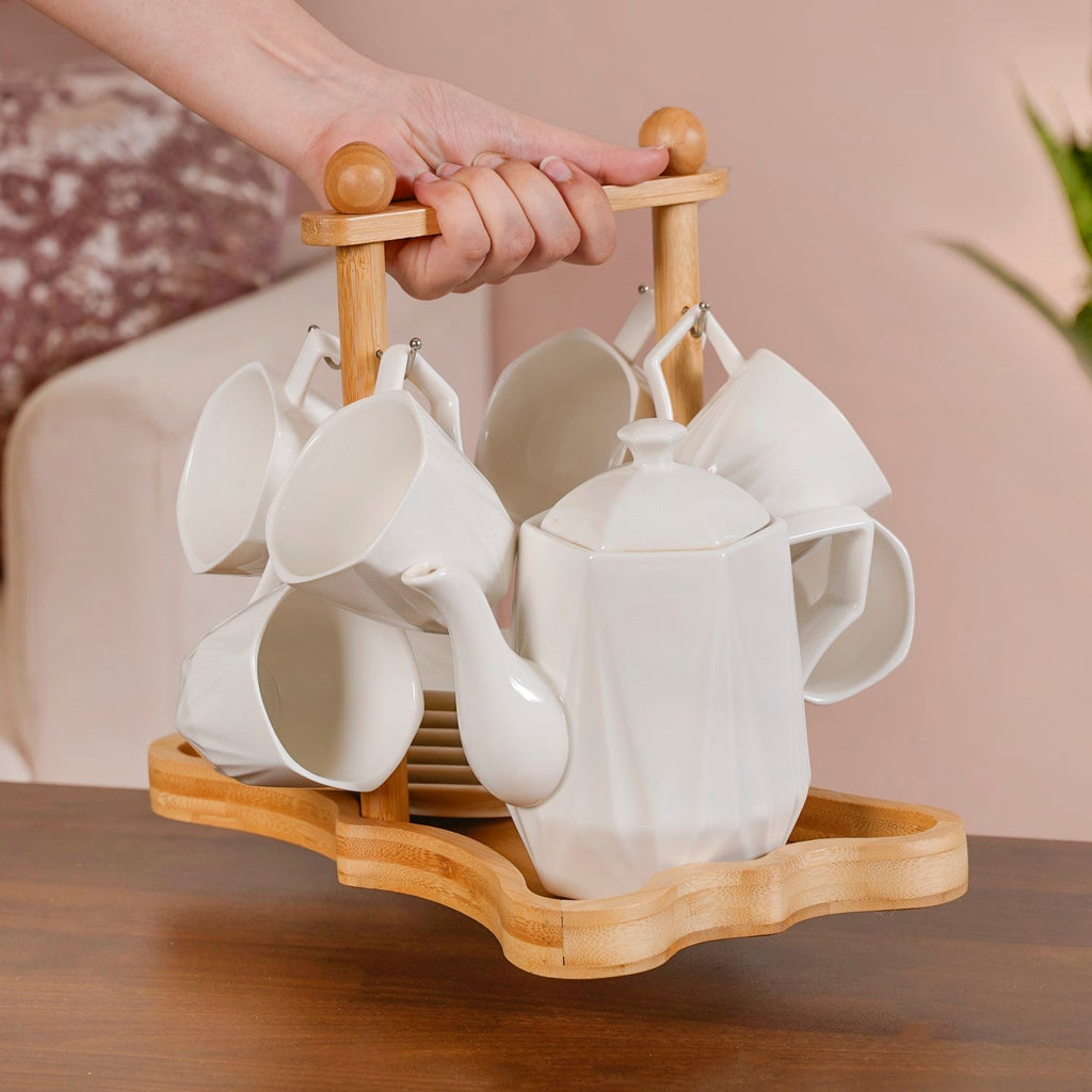 Hexagonal Minimalist White Tea Set With Wooden Stand Nestasia