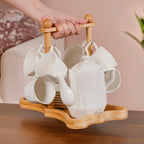 Hexagonal Minimalist White Tea Set With Wooden Stand Nestasia
