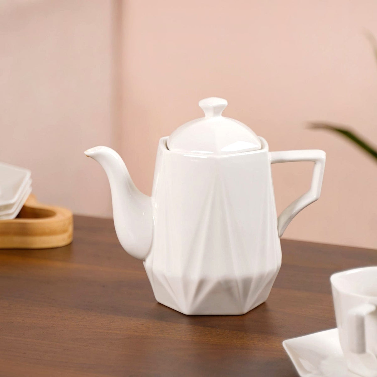 Hexagonal Minimalist White Tea Set With Wooden Stand Nestasia