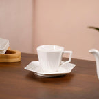 Hexagonal Minimalist White Tea Set With Wooden Stand Nestasia