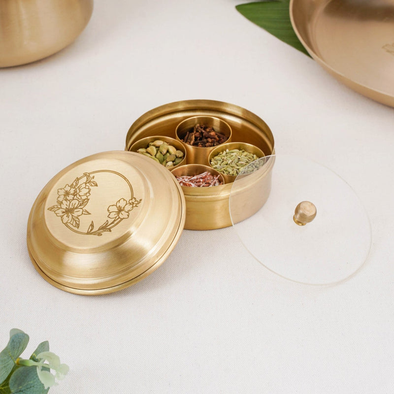 Brass Hibiscus Mukhwas Box with Lid – Traditional Spice Storage Container Nestasia