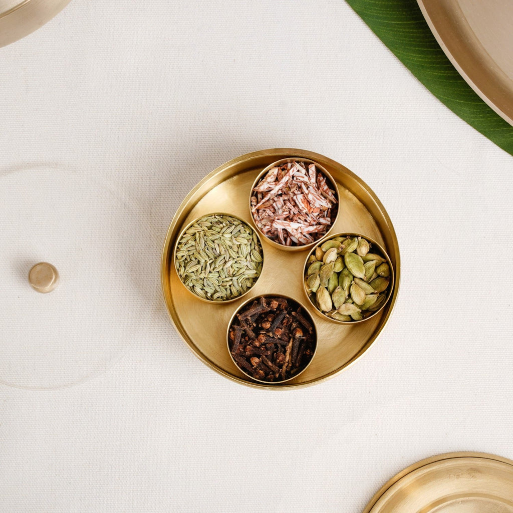 Brass Hibiscus Mukhwas Box with Lid – Traditional Spice Storage Container Nestasia