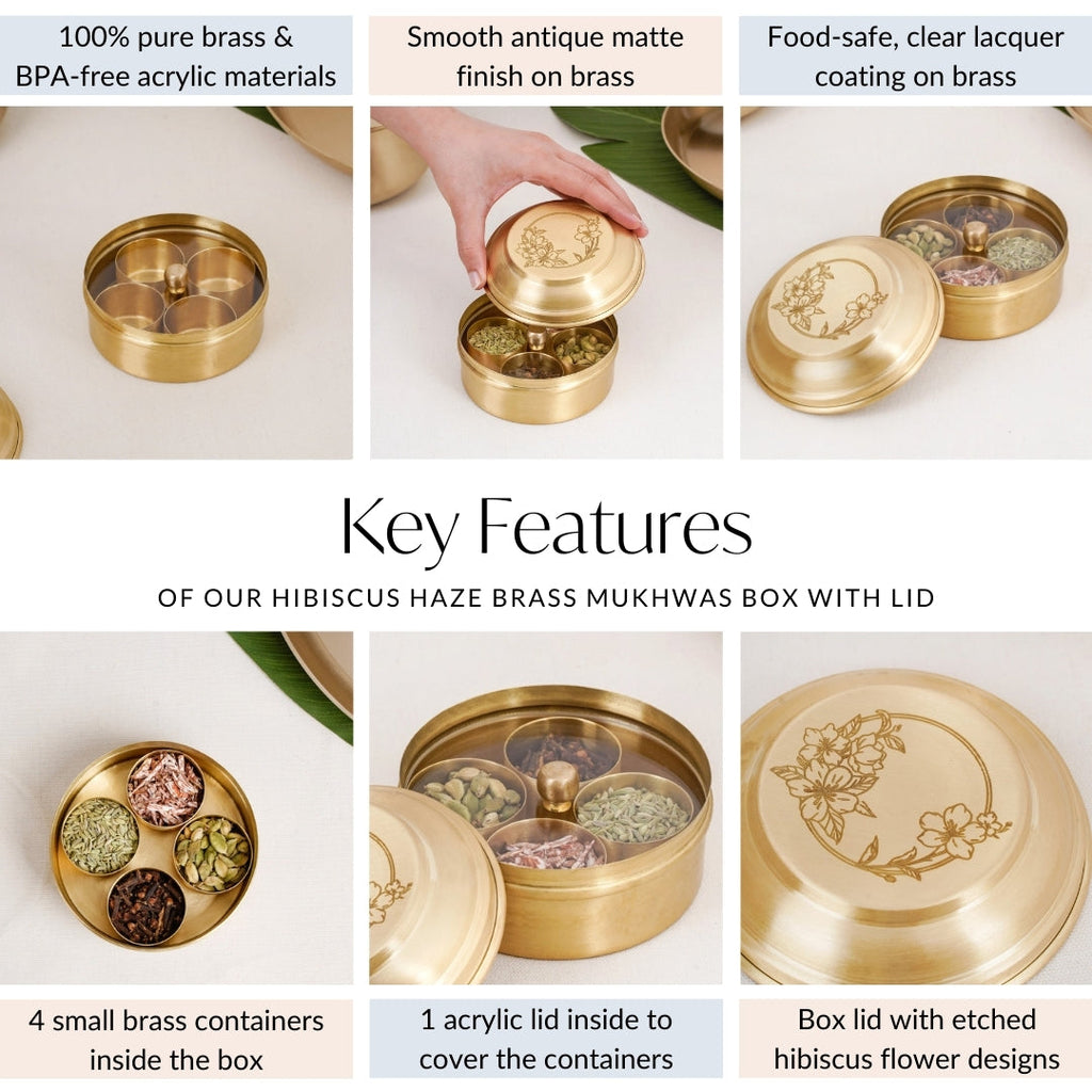 Brass Hibiscus Mukhwas Box with Lid – Traditional Spice Storage Container Nestasia