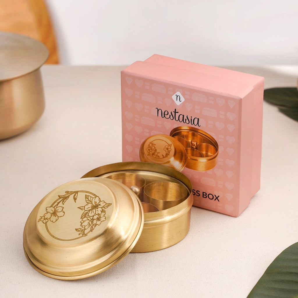 Brass Hibiscus Mukhwas Box with Lid – Traditional Spice Storage Container Nestasia