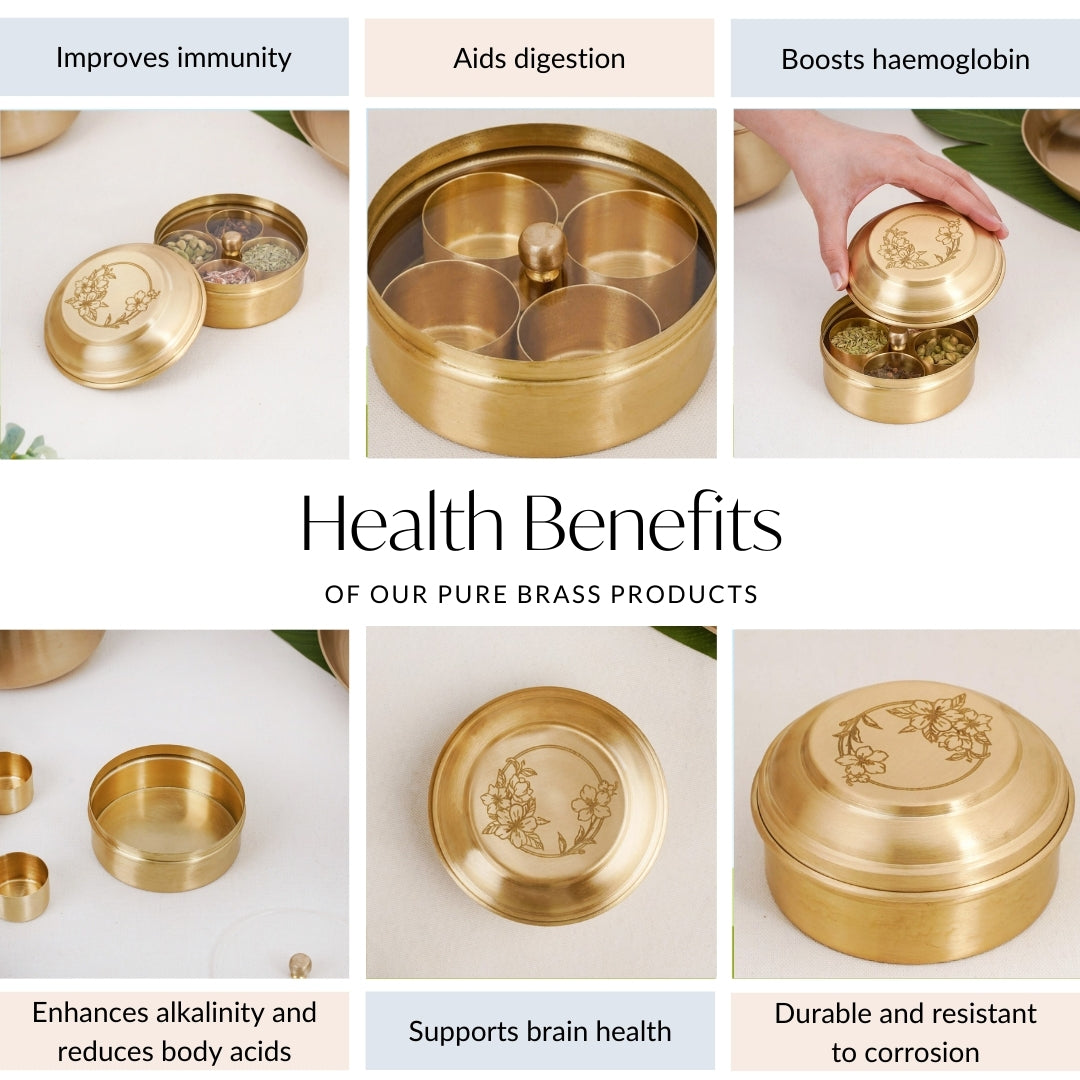 Brass Hibiscus Mukhwas Box with Lid – Traditional Spice Storage Container Nestasia