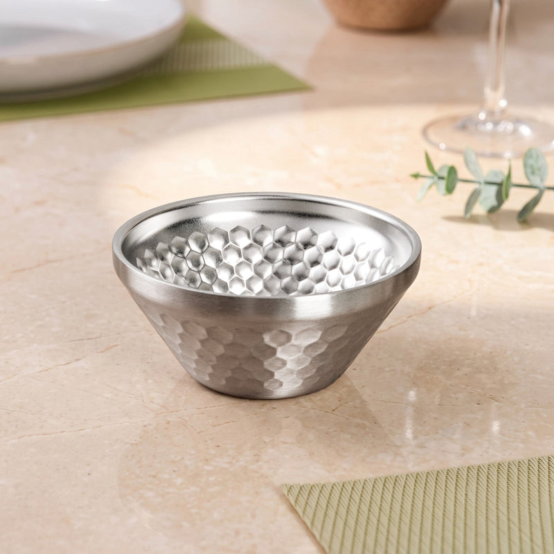 Honeycomb Matte Steel Double Wall Snack Bowl Silver 330ml Nestasia