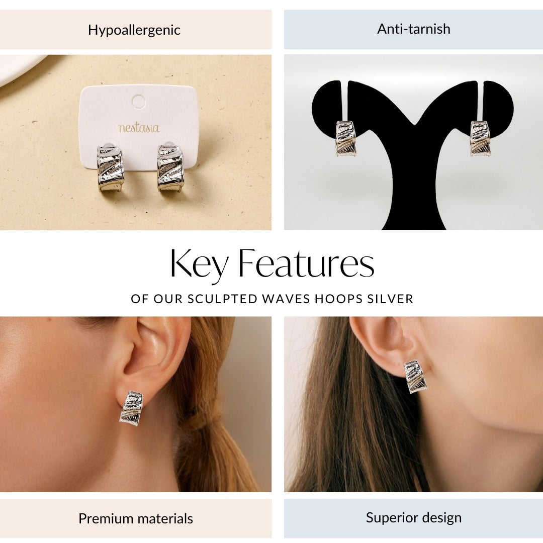 Sculpted Waves Hoops Silver Nestasia