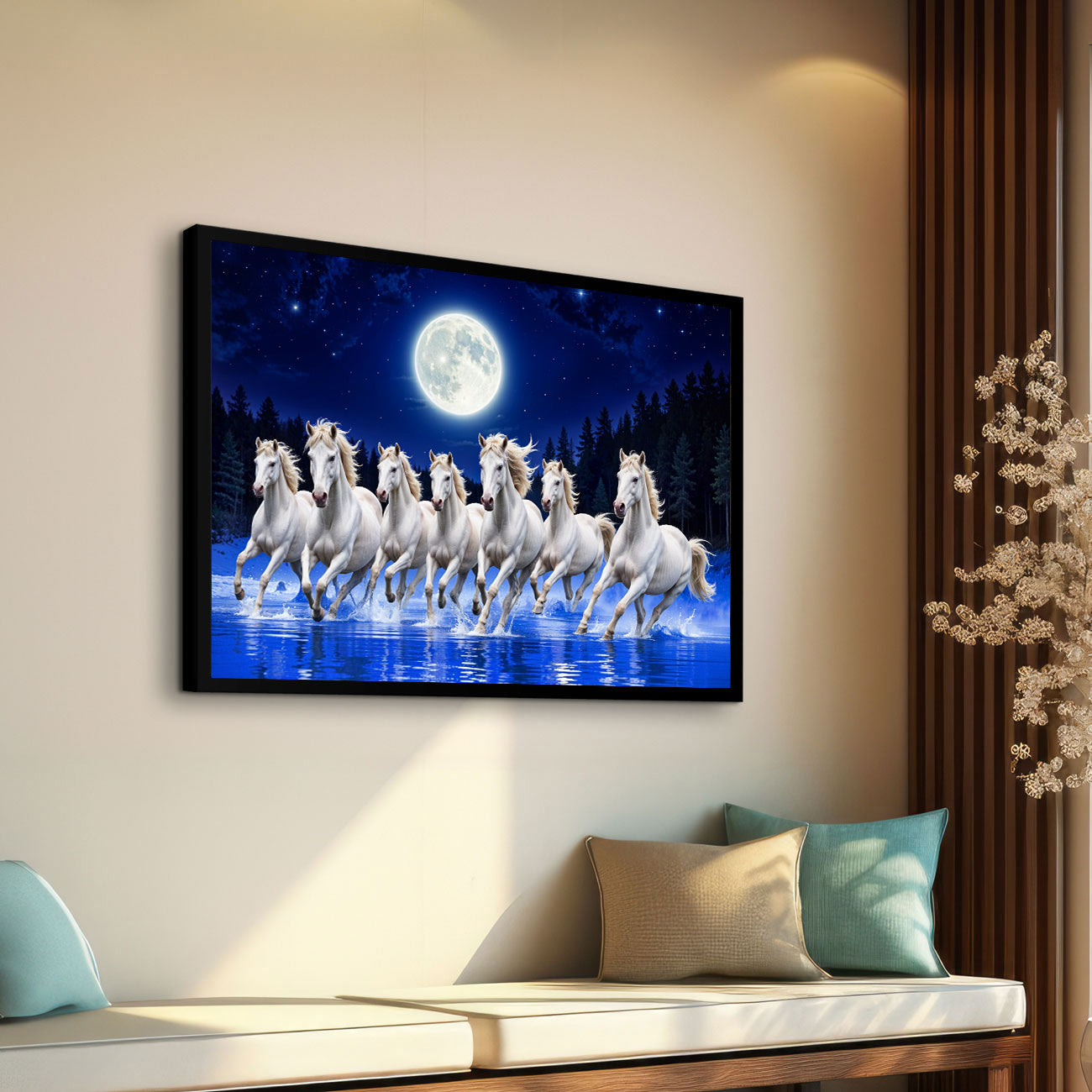 ArtX Canvas Big Size 7 Horses Vastu Frame Wall Art Painting, White Running Horses at Night Moon with Blue Background On Water Painting Vastu Wall Decor, Multicolor, Nature, Set of 1 ArtX