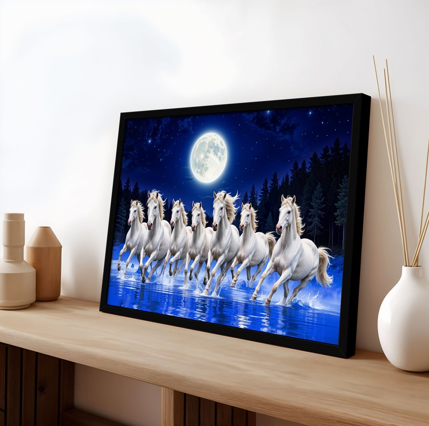ArtX Canvas Big Size 7 Horses Vastu Frame Wall Art Painting, White Running Horses at Night Moon with Blue Background On Water Painting Vastu Wall Decor, Multicolor, Nature, Set of 1 ArtX