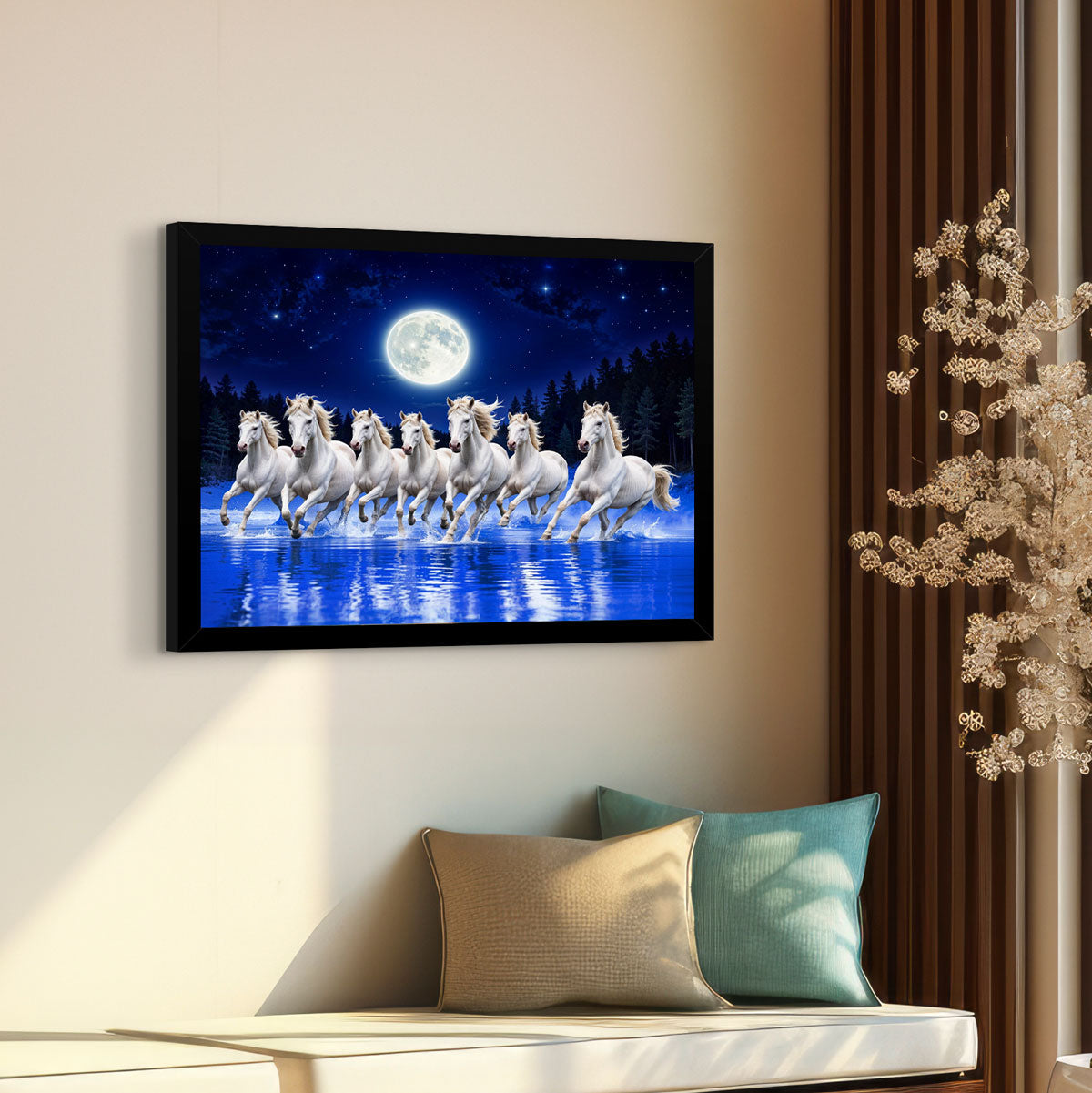 ArtX Canvas Big Size 7 Horses Vastu Frame Wall Art Painting, White Running Horses at Night Moon with Blue Background On Water Painting Vastu Wall Decor, Multicolor, Nature, Set of 1 ArtX
