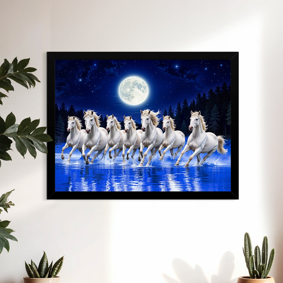 ArtX Canvas Big Size 7 Horses Vastu Frame Wall Art Painting, White Running Horses at Night Moon with Blue Background On Water Painting Vastu Wall Decor, Multicolor, Nature, Set of 1 ArtX