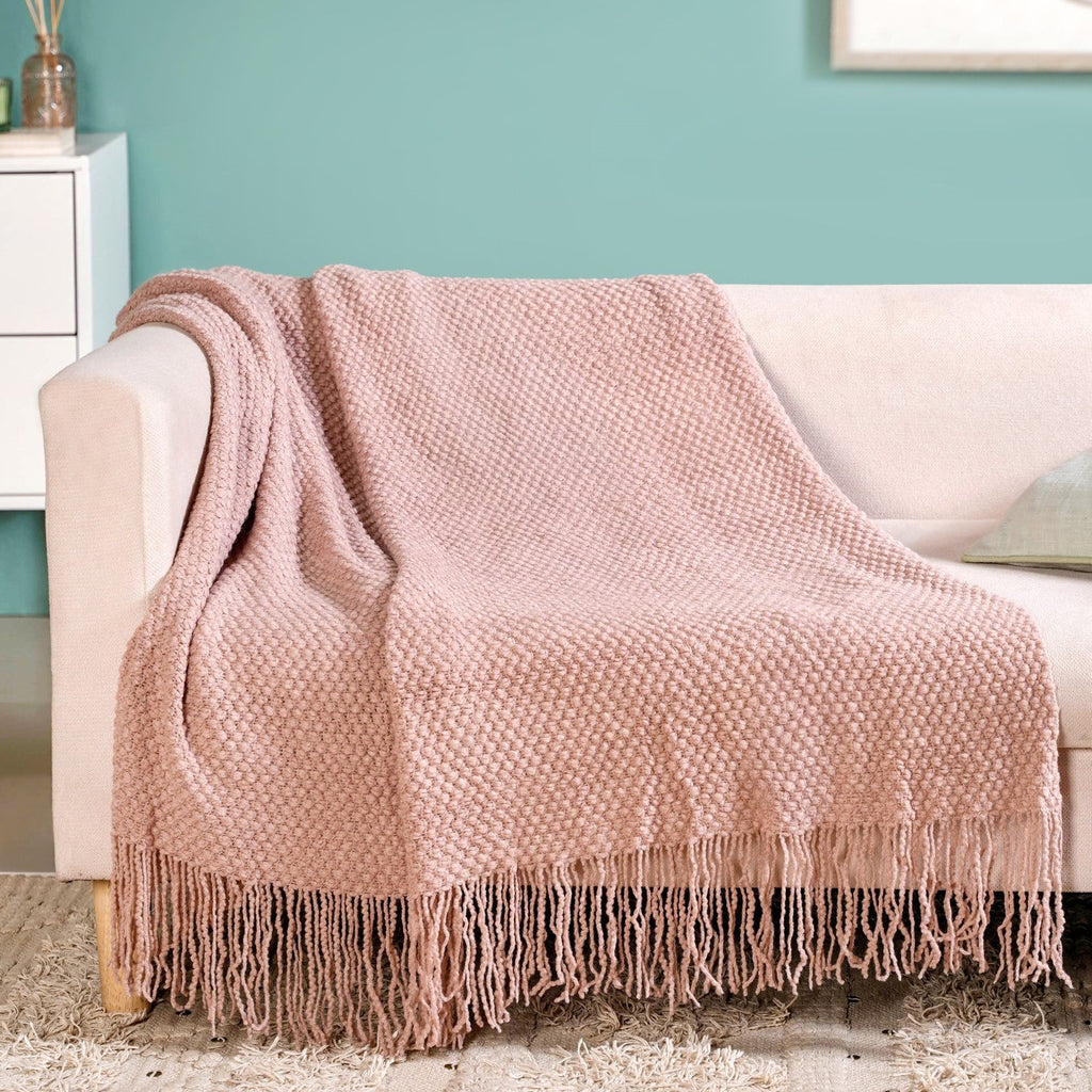 Dusty Pink Throw Knitted With Basket Weave Nestasia