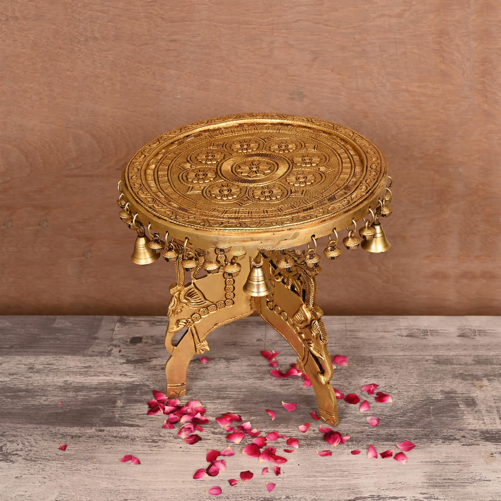 Brass Stool With Hanging Bells (12 Inch) Vedansh Craft