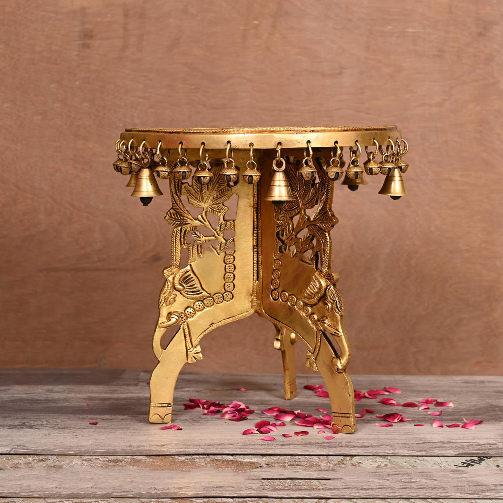 Brass Stool With Hanging Bells (12 Inch) Vedansh Craft