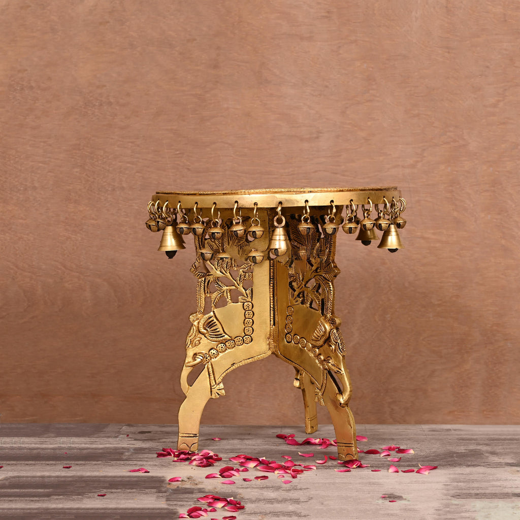 Brass Stool With Hanging Bells (12 Inch) Vedansh Craft