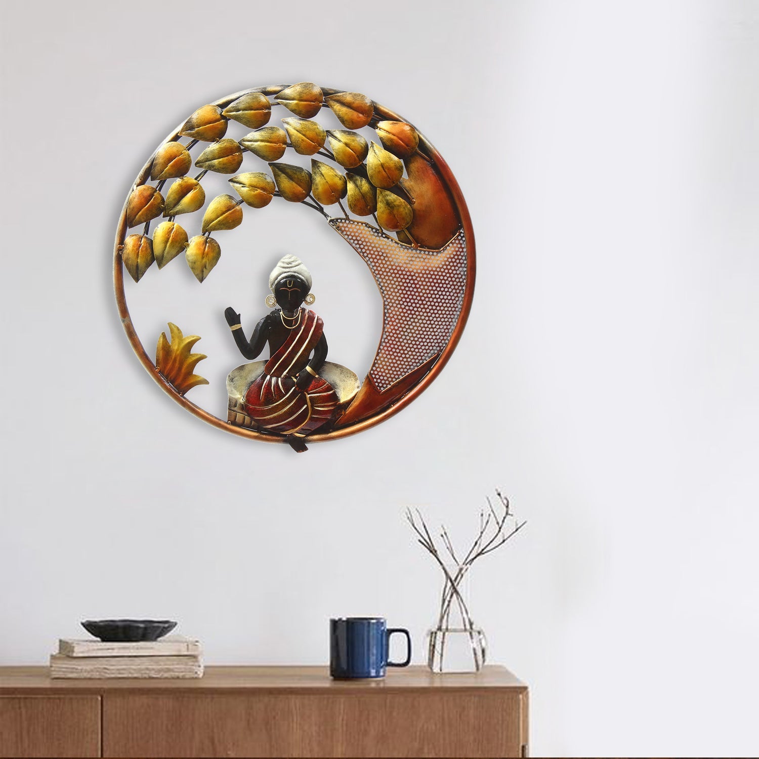 Decorative Lord Buddha with Leaves Handcrafted Iron Wall Hanging Kafalo
