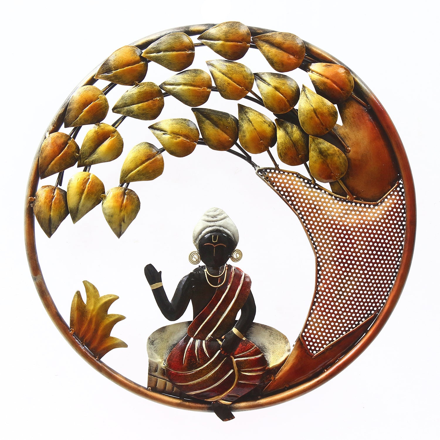 Decorative Lord Buddha with Leaves Handcrafted Iron Wall Hanging Kafalo