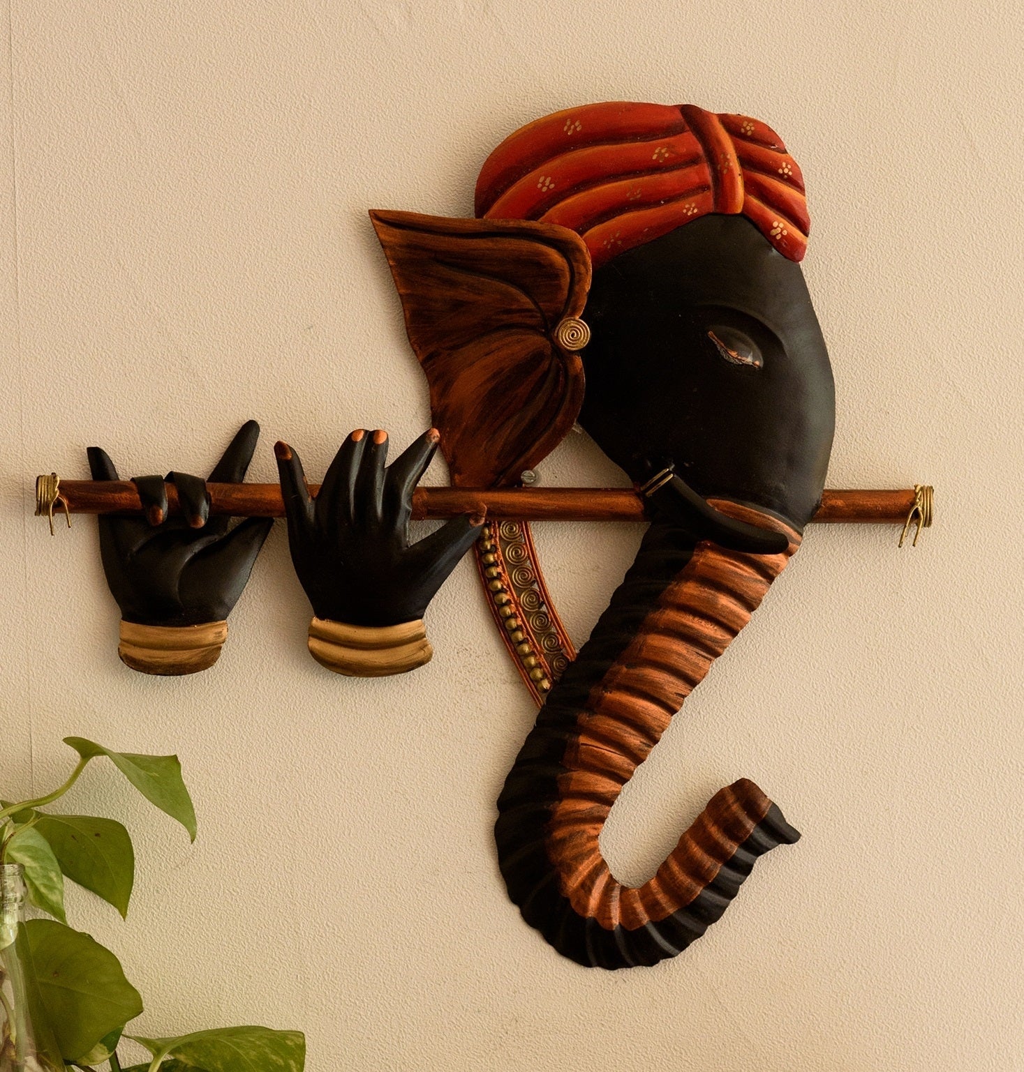 Wrought Iron Bansuri Ganesha Wall Hanging (Orange, Black, Brown) Kafalo
